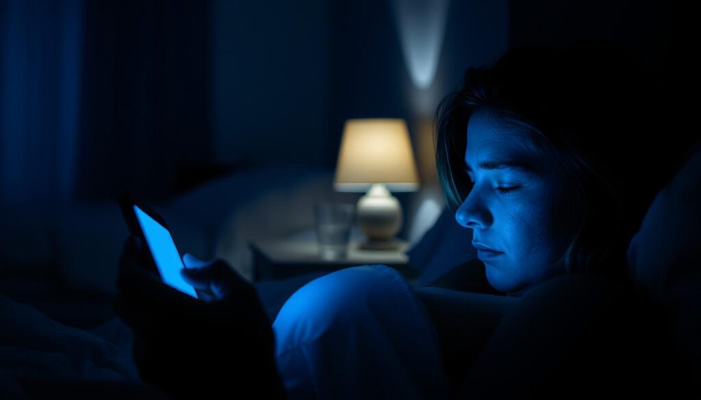 A bedroom at night, dimly lit by the glow of a smartphone screen. In the foreground, a person lies in bed, their eyes fixed on the device, their face illuminated by the blue-tinged light. In the middle ground, a bedside table holds a glass of water and a lamp, casting a soft, warm glow. The background is blurred, hinting at the tranquility of the night. The overall mood is one of unease, as the person's engagement with the screen disrupts the natural rhythm of sleep.