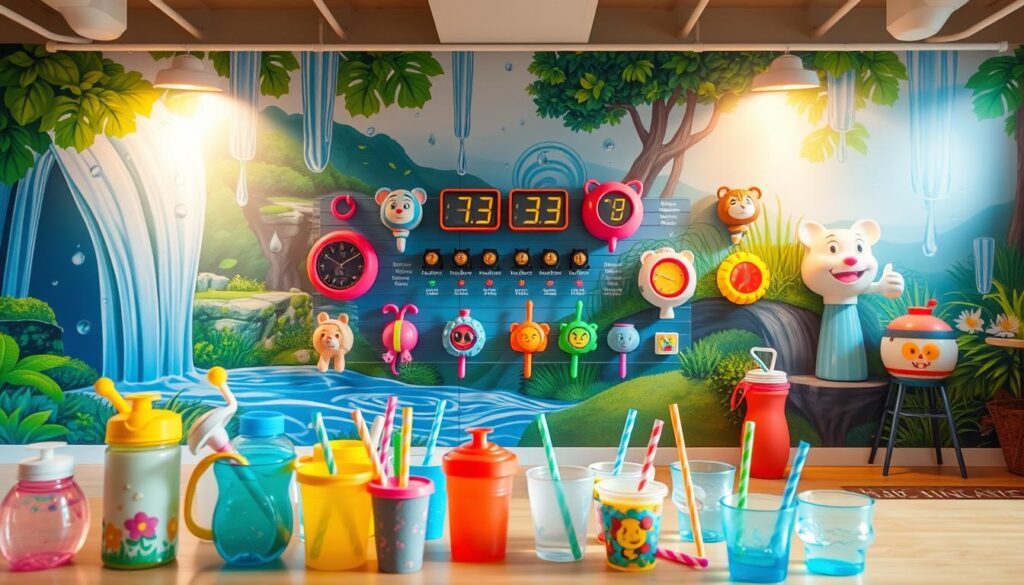 A brightly lit, cheerful and playful scene of various kid-friendly hydration reminder systems. In the foreground, an array of colorful water bottles, cups, and straws with whimsical designs and characters. In the middle ground, a wall display showcasing fun, interactive hydration trackers and timers, perhaps in the shape of animals or cartoon figures. The background features a vibrant, imaginative mural depicting water droplets, flowing streams, and lush greenery, creating an immersive, nature-inspired atmosphere. The lighting is soft and warm, enhancing the welcoming and engaging feel of the scene. The overall composition is designed to capture the attention of children and encourage them to stay hydrated in a playful, imaginative way.