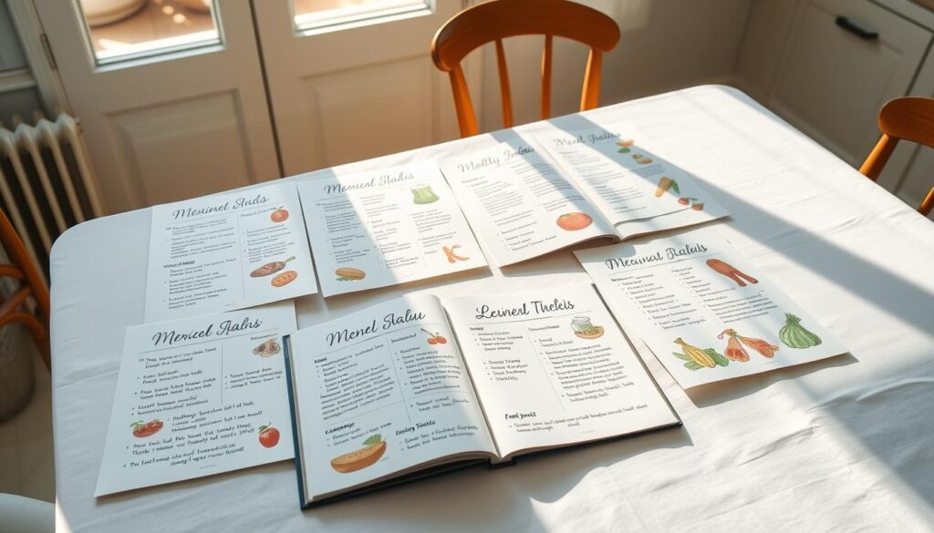 A brightly lit kitchen table, covered in a crisp white tablecloth, displaying a collection of neatly arranged weekly meal plans. Handwritten menu items and recipes in a cursive font adorn the pages, accompanied by small illustrations of fresh produce, meats, and healthy snacks. Sunlight streams in through a nearby window, casting a warm glow over the scene. The layout is clean, organized, and inviting, reflecting the theme of "Healthy Meal Planning for Busy Families" with a sense of approachability and simplicity.