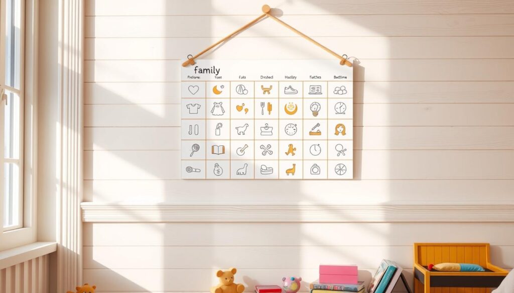 A brightly lit, warm-toned family routine visual schedule hanging on a whitewashed wood-paneled wall. The schedule features a grid of illustrated icons representing daily activities like waking up, getting dressed, brushing teeth, eating meals, playtime, and bedtime. The icons are arranged in a clear, structured layout with clean lines and a minimalist aesthetic. In the foreground, a few colorful children's toys and books add a sense of liveliness. Soft, diffused natural light streams in through a nearby window, casting gentle shadows and creating a cozy, inviting atmosphere. A brightly lit, warm-toned family routine visual schedule hanging on a whitewashed wood-paneled wall. The schedule features a grid of illustrated icons representing daily activities like waking up, getting dressed, brushing teeth, eating meals, playtime, and bedtime. The icons are arranged in a clear, structured layout with clean lines and a minimalist aesthetic. In the foreground, a few colorful children's toys and books add a sense of liveliness. Soft, diffused natural light streams in through a nearby window, casting gentle shadows and creating a cozy, inviting atmosphere.