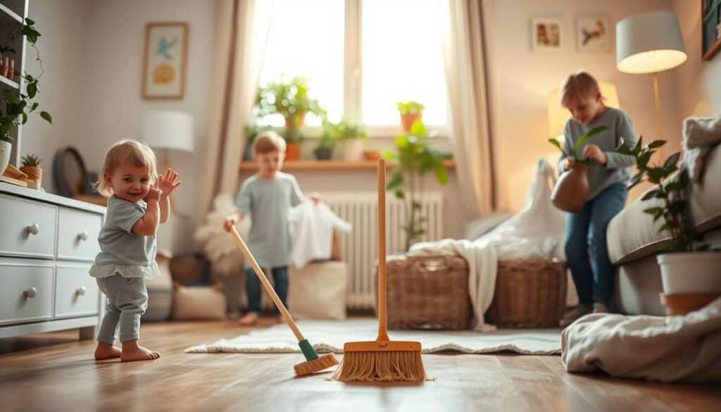 A cheerful, well-lit family home interior. In the foreground, a young child enthusiastically sweeping the floor with a small broom, learning the importance of cleanliness. In the middle ground, a tween sorting and folding laundry, developing organizational skills. In the background, an older child watering indoor plants, nurturing responsibility. Soft, warm lighting from lamps and windows illuminates the scene, creating a cozy, inviting atmosphere. The overall mood is one of positivity, engagement, and the fostering of age-appropriate healthy habits through family chores. A cheerful, well-lit family home interior. In the foreground, a young child enthusiastically sweeping the floor with a small broom, learning the importance of cleanliness. In the middle ground, a tween sorting and folding laundry, developing organizational skills. In the background, an older child watering indoor plants, nurturing responsibility. Soft, warm lighting from lamps and windows illuminates the scene, creating a cozy, inviting atmosphere. The overall mood is one of positivity, engagement, and the fostering of age-appropriate healthy habits through family chores.