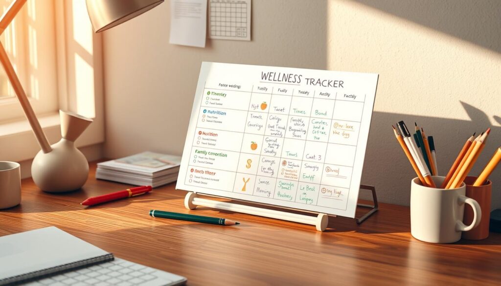 A clean, well-organized desk with a wooden surface, featuring a family-themed wellness tracker. The tracker has a grid layout with colorful icons and handwritten notes, tracking daily and weekly fitness, nutrition, and family connection goals. Warm, natural lighting casts a soft glow across the scene, creating a cozy, inspiring atmosphere. The composition emphasizes the tracker as the focal point, with minimal clutter in the background to keep the viewer's attention on the task at hand. The overall impression is one of intentionality, organization, and a commitment to holistic family wellness.