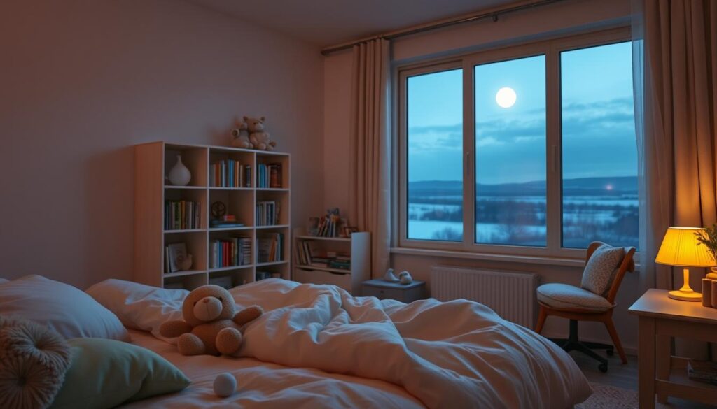 A cozy, sleep-friendly bedroom for kids, bathed in soft, warm lighting. In the foreground, a child's bed with plush, cloud-like bedding and a stuffed animal nestled beside a book. In the middle ground, a bookshelf filled with children's books and a small nightstand with a lamp emitting a gentle glow. The background features a large window overlooking a tranquil, moonlit landscape, creating a serene and calming atmosphere. The room is decorated with soothing colors, natural textures, and minimal decor, promoting a peaceful and conducive environment for a good night's sleep.