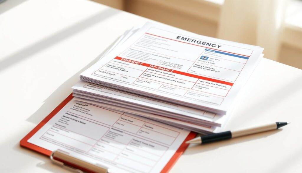 A crisp, clean tabletop with a stack of colorful emergency information sheets, including detailed contact information, medical history, and insurance details. Soft, natural lighting illuminates the scene, creating a sense of warmth and organization. The sheets are neatly arranged, with a pen and clipboard nearby, suggesting a well-prepared and accessible emergency plan. The background is a neutral, uncluttered space, allowing the important documents to take center stage. The overall mood is one of preparedness, efficiency, and concern for family wellness.