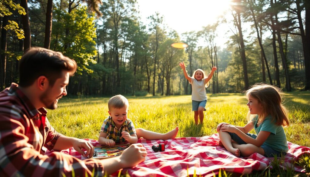 A family of four enjoying various tech-free activities in a warm, natural setting. In the foreground, a father and young son play a board game on a picnic blanket, their faces lit by soft afternoon sunlight. In the middle ground, a mother and daughter toss a frisbee across a lush, grassy field. In the background, a tranquil forest with dappled sunlight filters through the trees, creating a peaceful, serene atmosphere. The family's expressions are joyful and engaged, conveying a sense of quality time spent together away from digital devices.
