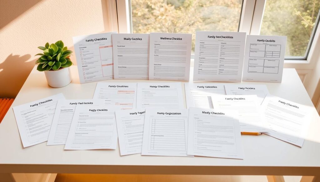 A neatly organized collection of printable family wellness checklists, laid out on a clean, minimalist desktop. The checklists cover a variety of topics, from daily routines and fitness tracking to meal planning and home organization. The layout features a subtle grid-like structure, with the checklists grouped by category and arranged in a visually appealing manner. Warm, natural lighting filters in through a large window, casting a soft glow over the scene. The overall atmosphere is one of calm, efficiency, and a commitment to a well-balanced family life.