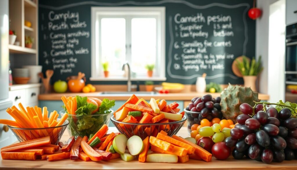 A vibrant, cheerful kitchen scene with a table full of healthy, kid-friendly snacks. Vibrant, colorful fruits and vegetables artfully arranged, like a rainbow salad with carrot sticks, apple slices, and grapes. In the background, a chalkboard wall displays handwritten recipe titles in playful, childlike writing. Soft, natural lighting filters in through a nearby window, casting a warm, inviting glow. The atmosphere is relaxed and inviting, capturing the joy of healthy, homemade treats that kids would love to taste-test.