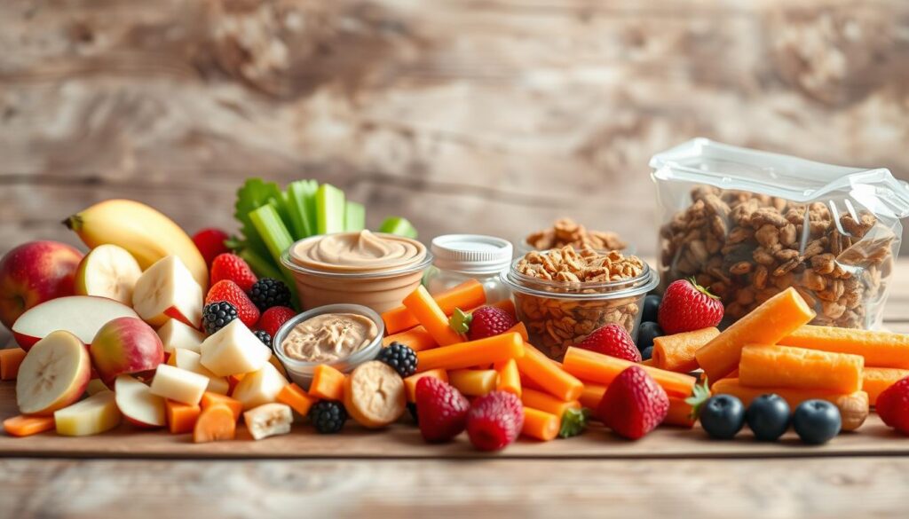 A visually appealing assortment of healthy on-the-go snacks, neatly arranged on a wooden surface with a natural, earthy backdrop. In the foreground, a selection of fresh fruits, such as apple slices, banana chunks, and berries, alongside crunchy veggie sticks like carrot and celery. In the middle ground, small containers filled with creamy nut butters, yogurt dips, and granola clusters. The lighting is soft and diffused, creating a warm, inviting atmosphere. The overall composition emphasizes the convenience and nutritional value of these easy-to-pack snacks, perfect for busy families or active lifestyles.