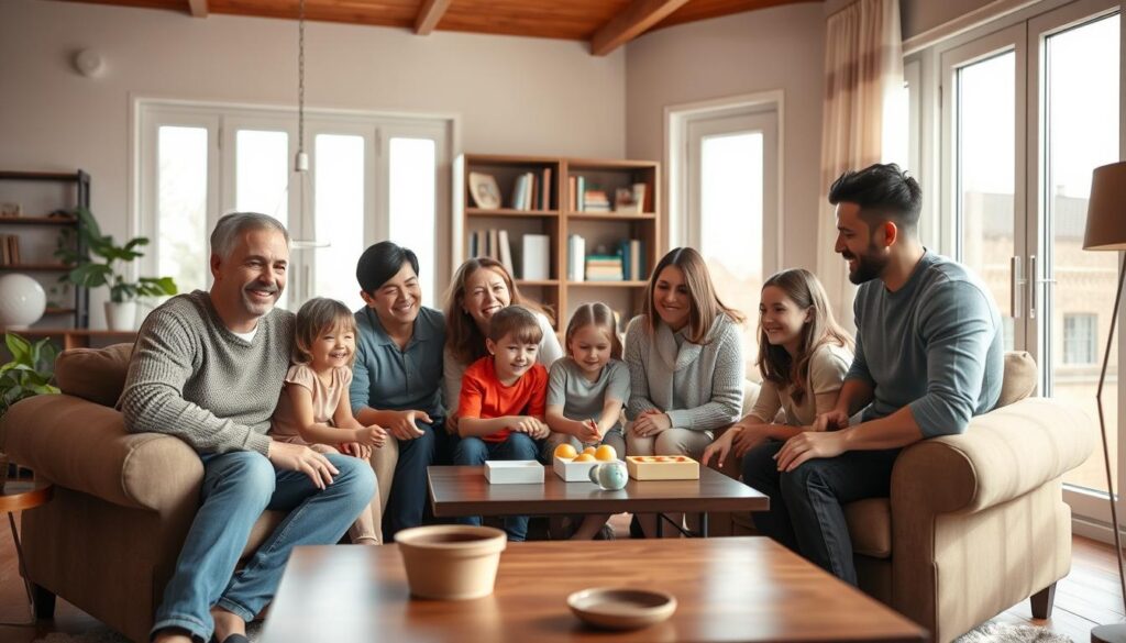A warm and inviting family scene set in a cozy living room. In the foreground, a group of smiling parents and children gathered around a coffee table, engaged in a collaborative activity or game. The middle ground features plush armchairs and a bookshelf, creating a sense of intimacy. The background showcases large windows, allowing natural light to filter in and creating a bright, airy atmosphere. The overall mood is one of togetherness, collaboration, and social connection, with a subtle, muted color palette that evokes a sense of comfort and well-being. A warm and inviting family scene set in a cozy living room. In the foreground, a group of smiling parents and children gathered around a coffee table, engaged in a collaborative activity or game. The middle ground features plush armchairs and a bookshelf, creating a sense of intimacy. The background showcases large windows, allowing natural light to filter in and creating a bright, airy atmosphere. The overall mood is one of togetherness, collaboration, and social connection, with a subtle, muted color palette that evokes a sense of comfort and well-being.