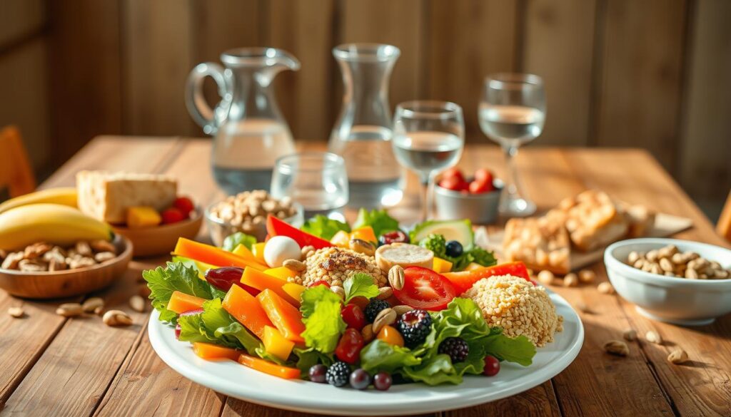 Balanced family nutrition plate on a wooden table, illuminated by warm, natural light. In the foreground, a plate featuring a variety of fresh, colorful foods - crisp vegetables, succulent fruits, whole grains, and lean proteins. Surrounding the plate, a selection of healthy snacks such as nuts, seeds, and dried fruits. In the middle ground, a carafe of water and glasses, emphasizing the importance of hydration. The background showcases a simple, rustic setting, with earthy tones and natural textures, creating a cozy, inviting atmosphere. The overall composition conveys a sense of balance, wholesome nourishment, and a holistic approach to family nutrition. Balanced family nutrition plate on a wooden table, illuminated by warm, natural light. In the foreground, a plate featuring a variety of fresh, colorful foods - crisp vegetables, succulent fruits, whole grains, and lean proteins. Surrounding the plate, a selection of healthy snacks such as nuts, seeds, and dried fruits. In the middle ground, a carafe of water and glasses, emphasizing the importance of hydration. The background showcases a simple, rustic setting, with earthy tones and natural textures, creating a cozy, inviting atmosphere. The overall composition conveys a sense of balance, wholesome nourishment, and a holistic approach to family nutrition.