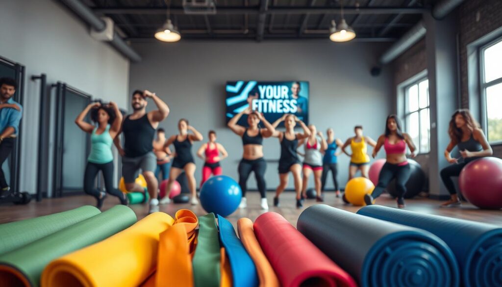 High-quality group fitness motivation tools in a well-lit, modern fitness studio. In the foreground, an array of colorful resistance bands, foam rollers, and exercise balls are neatly arranged. In the middle ground, a group of diverse individuals engaged in various exercises, their expressions determined and focused. The background features a wall-mounted TV displaying a motivational fitness video, and large windows letting in natural light. The overall atmosphere is one of energy, positivity, and a shared commitment to physical and mental well-being.