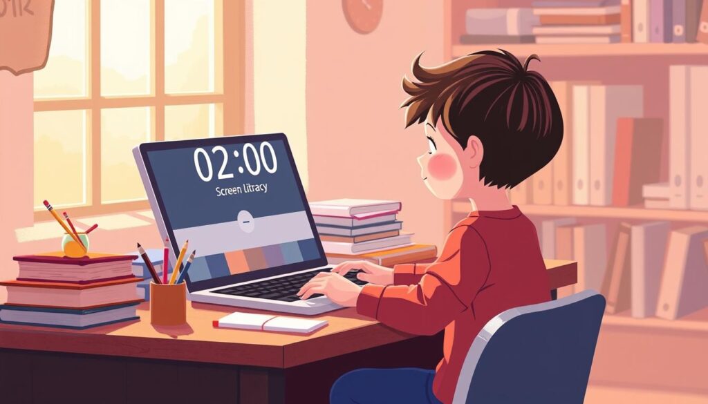 a digital art illustration of a child sitting at a desk, using a laptop computer with a timer displayed on the screen, indicating screen time limits. The child appears focused and engaged, surrounded by books, pencils, and other educational materials, suggesting the concept of digital literacy. The background is a warm, cozy workspace, with natural lighting filtering through a window, creating a serene and productive atmosphere. The overall mood conveys the importance of balancing screen time with traditional learning methods to foster digital literacy in a healthy and well-rounded manner.