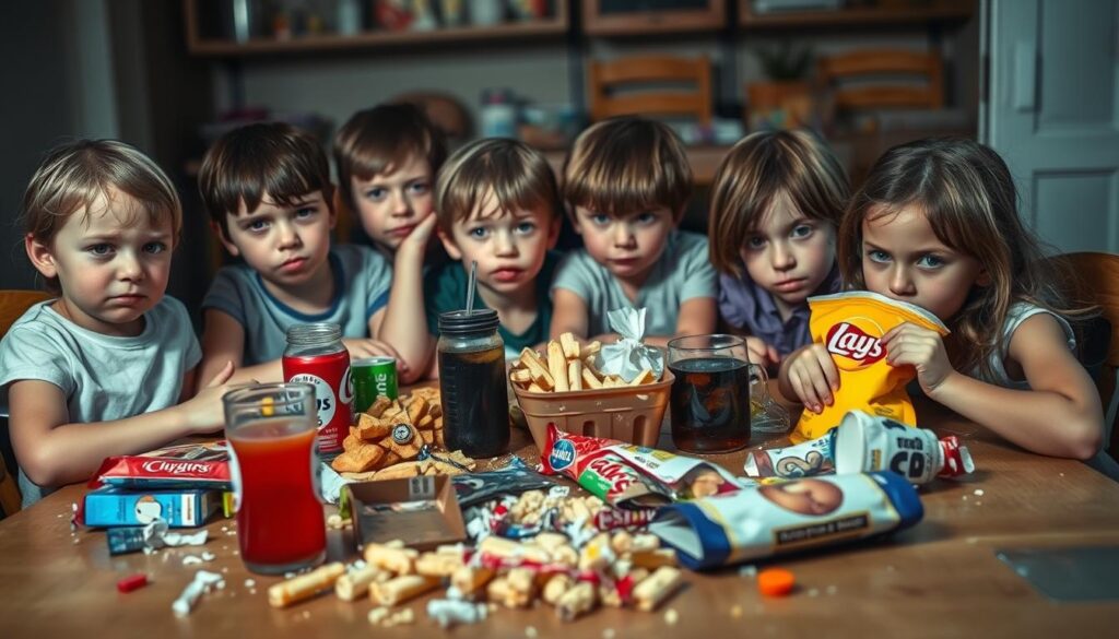 a group of children sitting at a table, with various unhealthy snacks and drinks in front of them, including soda, chips, and candy. the children have worried or confused expressions on their faces, as if they don't understand the consequences of their choices. the table is cluttered and messy, with crumbs and wrappers scattered around. the background is blurred, but suggests a home or school setting. the lighting is slightly dim and muted, creating a sense of unease. the overall scene conveys the idea of "common mistakes" in children's nutrition, with the children unaware of the negative impact of their food choices. a group of children sitting at a table, with various unhealthy snacks and drinks in front of them, including soda, chips, and candy. the children have worried or confused expressions on their faces, as if they don't understand the consequences of their choices. the table is cluttered and messy, with crumbs and wrappers scattered around. the background is blurred, but suggests a home or school setting. the lighting is slightly dim and muted, creating a sense of unease. the overall scene conveys the idea of "common mistakes" in children's nutrition, with the children unaware of the negative impact of their food choices.