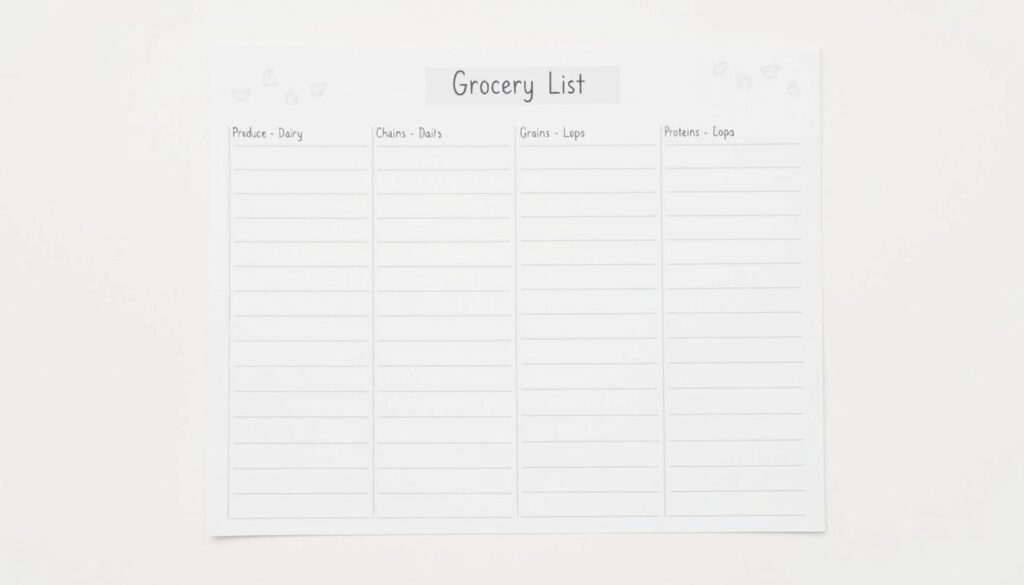 a neatly organized grocery list template on a light-colored background, with sections for different categories of items such as produce, dairy, grains, and proteins. The template has a clean, minimalist design with plenty of white space, allowing users to easily write in their specific grocery needs. The layout is visually appealing, using light gray grid lines and subtle icons to delineate the different sections. The overall mood is calm and organized, reflecting the purpose of helping busy families plan their meals and grocery trips effectively.