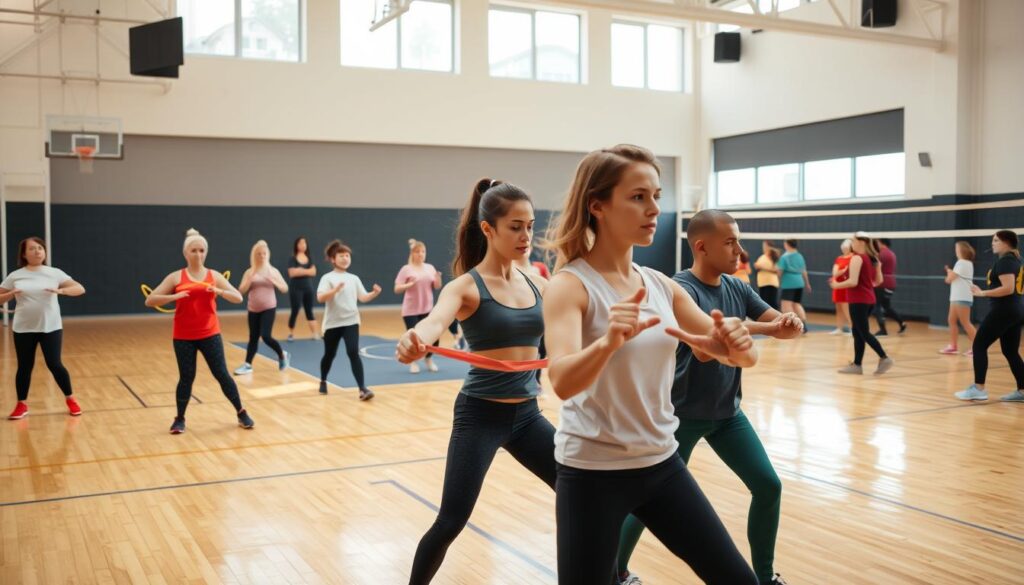 group of people participating in various fitness activities in a modern, well-lit gymnasium, with high ceilings and large windows providing natural illumination. In the foreground, a group of adults and children engaged in aerobic exercises, using resistance bands and light dumbbells. The middle ground features a yoga class, with participants of varying ages and abilities moving through a series of poses. In the background, a group of teenagers playing a competitive team sport, such as basketball or volleyball, on a polished wooden court. The overall scene conveys a sense of energy, camaraderie, and a shared commitment to physical well-being.