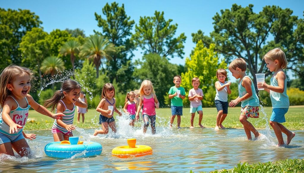 kids hydration games - A sunny outdoor scene with a group of children playing fun, interactive water-based games. In the foreground, a group of diverse kids splashing and laughing as they engage with colorful, inflatable water toys and sprinklers. In the middle ground, other children are seen playing a relay race, passing water-filled cups to each other. In the background, verdant trees and a clear blue sky set the lush, summertime atmosphere. Soft, diffused lighting highlights the joy and movement of the hydration-focused activities. The overall scene conveys a sense of playfulness, energy, and the importance of staying hydrated through engaging, kid-friendly games.