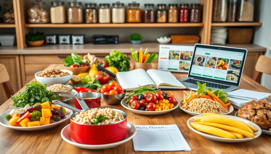 A beautifully arranged meal planning guide on a wooden table, showcasing a variety of healthy foods. In the foreground, colorful plates filled with fresh fruits, vegetables, whole grains, and lean proteins, artfully placed alongside measuring cups and recipe cards. In the middle ground, an open notebook with handwritten meal plans and a laptop displaying a nutrition website. The background features soft-focus kitchen shelves stocked with glass jars of grains and spices, adding warmth and homeliness. Natural light floods the scene, creating a bright, inviting atmosphere. The mood conveys organization and excitement about healthy eating, perfect for engaging the community. The overall composition should focus on clarity and inspiration without any text or branding elements.