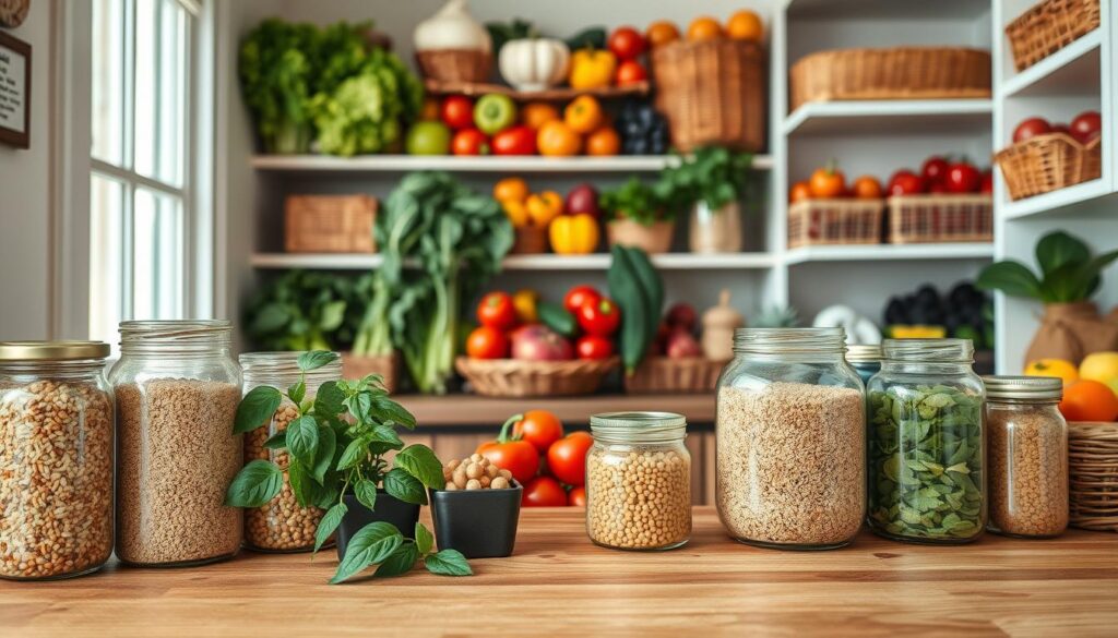 A cozy and inviting kitchen pantry filled with healthy cooking staples. In the foreground, a wooden countertop displays neatly organized jars of whole grains like quinoa, brown rice, and bulgur, along with sprouted lentils and chickpeas. Fresh herbs like basil and parsley are in small pots, adding a pop of green. In the middle, shelves are stocked with vibrant vegetables such as bell peppers, tomatoes, and dark leafy greens, complemented by baskets of seasonal fruits. The background features soft, natural lighting filtering through a window, illuminating the space and creating a warm atmosphere. The angle captures a wide view of the pantry, emphasizing both order and abundance, inviting families to embrace healthy meal preparation. A cozy and inviting kitchen pantry filled with healthy cooking staples. In the foreground, a wooden countertop displays neatly organized jars of whole grains like quinoa, brown rice, and bulgur, along with sprouted lentils and chickpeas. Fresh herbs like basil and parsley are in small pots, adding a pop of green. In the middle, shelves are stocked with vibrant vegetables such as bell peppers, tomatoes, and dark leafy greens, complemented by baskets of seasonal fruits. The background features soft, natural lighting filtering through a window, illuminating the space and creating a warm atmosphere. The angle captures a wide view of the pantry, emphasizing both order and abundance, inviting families to embrace healthy meal preparation.