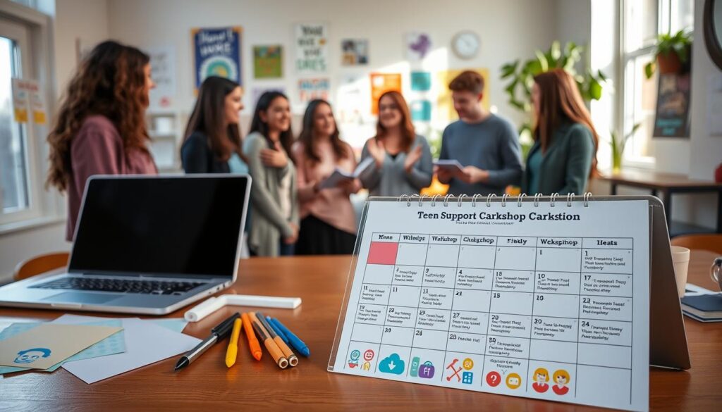A detailed workshop schedule for "Teen Support Clarkston" presented on a wooden table with colorful paper, pens, and a laptop neatly arranged. In the foreground, a vibrant calendar displays various wellness workshop dates alongside engaging icons representing mindfulness, creativity, and teamwork. In the middle, a friendly, diverse group of teens in modest casual clothing are discussing plans and ideas, exuding an atmosphere of collaboration and support. The background features soft, natural lighting filtering through large windows, brightening a cozy room decorated with motivational posters and plants, enhancing the welcoming ambiance. The scene is captured with a warm, inviting angle, encouraging a sense of community and personal growth.
