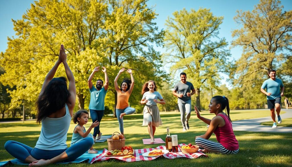 A diverse family engaging in various wellness activities in a bright, open park. In the foreground, a group of individuals—parents of varied ethnic backgrounds and children of different ages—are participating in a yoga session, with some practicing tree pose. The middle ground showcases a picnic setup with healthy snacks and fruit, while another family jogs along a winding path. The background features lush green trees and a clear blue sky, bathed in warm sunlight, creating an inviting atmosphere. The scene is captured with a slightly low angle to emphasize the family's joyful expressions and dynamic movements, evoking a sense of togetherness and community in fitness and well-being.