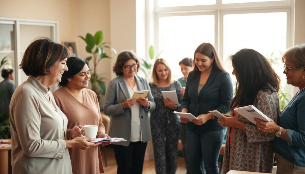 A diverse group of caregivers gathered in a bright, inviting community center, exemplifying teamwork and support. In the foreground, a couple of caregivers, dressed in modest business casual attire, are engaged in an animated discussion, surrounded by notebooks and coffee cups. In the middle, others are forming small groups, sharing resources like pamphlets and flyers about local parenting classes, each showing different ethnicities and backgrounds, fostering inclusivity. The background features a large window letting in warm, natural sunlight, illuminating a cozy space with comfortable seating and plants, enhancing the nurturing atmosphere. The mood is warm and collaborative, capturing the essence of community and connection in parenting support. Shot with a soft focus lens to create a welcoming, comforting vibe.