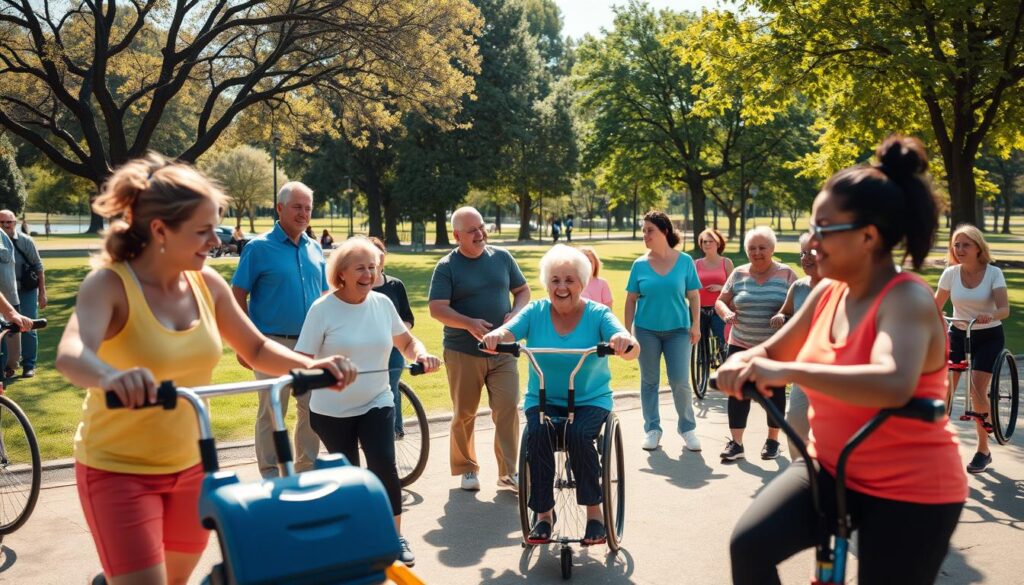 A diverse group of individuals of various ages and abilities engaging in fitness activities in a sunny park setting. In the foreground, a friendly, collaborative atmosphere is portrayed, with people using adaptive fitness equipment. The middle layer shows community partners, such as trainers and wellness advocates, providing guidance and support. In the background, trees and open spaces suggest inclusivity, while vibrant colors reflect the energy of the community. The lighting is warm and inviting, casting soft shadows that enhance the sense of connection. The angle is slightly elevated, giving a panoramic view of the harmonious interaction among participants. The overall mood evokes empowerment, camaraderie, and a commitment to accessible wellness for all.