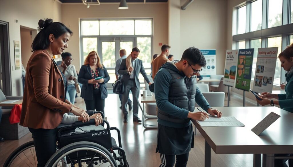 A diverse group of individuals participating in an inclusive health registration process, set in a well-lit, welcoming community center. In the foreground, a woman in professional attire is assisting a senior person using a wheelchair, while a young adult in adaptive sportswear is filling out a registration form at a table. The middle layer shows staff members of various backgrounds engaging with participants, with clear signage indicating accessibility options. In the background, sunlight streams through large windows, highlighting comfortable seating areas and informative displays about health programs. The atmosphere is warm and inviting, conveying a sense of community and support, with soft, natural lighting to enhance the friendly environment.