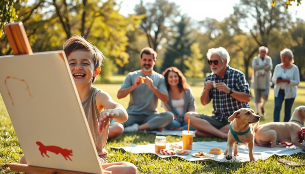 A diverse group of people engaged in various age-appropriate stress relief techniques in a bright, inviting park. In the foreground, a young child laughs while painting on a canvas, showcasing creativity. Nearby, a teenager practices yoga on a mat, focusing on mindfulness. In the middle, a middle-aged couple shares a picnic, enjoying healthy snacks and light conversation, radiating warmth and closeness. In the background, seniors are seen walking their dogs and chatting, promoting social interaction. The scene is illuminated by soft, natural sunlight, giving a warm and serene atmosphere. The angle is slightly elevated to capture the full essence of the activities, evoking a sense of community and well-being among different generations engaged in stress-relief practices. A diverse group of people engaged in various age-appropriate stress relief techniques in a bright, inviting park. In the foreground, a young child laughs while painting on a canvas, showcasing creativity. Nearby, a teenager practices yoga on a mat, focusing on mindfulness. In the middle, a middle-aged couple shares a picnic, enjoying healthy snacks and light conversation, radiating warmth and closeness. In the background, seniors are seen walking their dogs and chatting, promoting social interaction. The scene is illuminated by soft, natural sunlight, giving a warm and serene atmosphere. The angle is slightly elevated to capture the full essence of the activities, evoking a sense of community and well-being among different generations engaged in stress-relief practices.