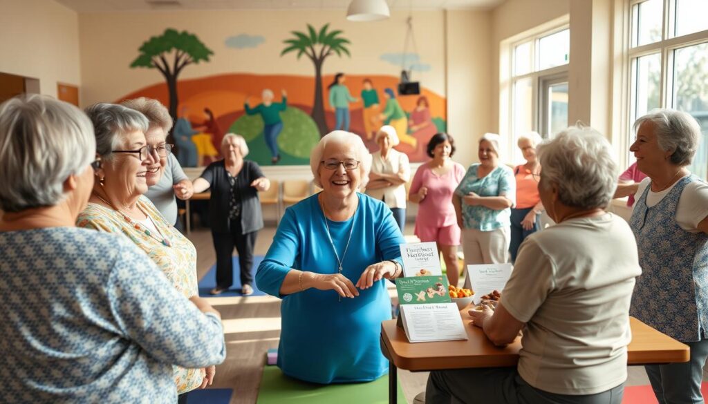 A diverse group of seniors engaged in various wellness activities in a sunny community center setting. In the foreground, a cheerful instructor guides a gentle yoga class, with participants practicing stretches on colorful mats. In the middle ground, a table displays an array of nutritious snacks and informational pamphlets about wellness programs, while two seniors are seen discussing health tips. In the background, natural light filters through large windows, illuminating a vibrant mural depicting health and community. The atmosphere is warm and inviting, filled with laughter and camaraderie, capturing the essence of active aging and community support. The scene is depicted with soft, bright lighting, emphasizing the positivity and connection among seniors, shot from a slightly elevated angle to showcase the overall activity.