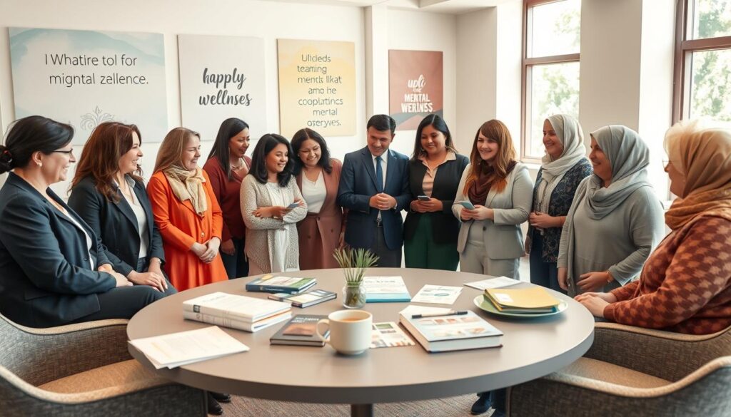 A peaceful community center setting, symbolizing caregiver mental health support resources. In the foreground, a group of diverse caregivers, dressed in professional business attire and modest casual clothing, engage in a supportive discussion, sharing resources and smiles. The middle ground features a circular table filled with pamphlets, books, and a warm cup of tea, emphasizing collaboration and sharing. The background includes soft, bright murals depicting uplifting messages about mental wellness. The scene is illuminated by gentle natural light streaming through large windows, creating an inviting and hopeful atmosphere. The composition captures the essence of community, compassion, and the importance of mental health support for caregivers.