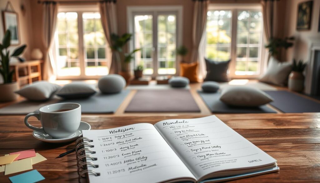 A serene and organized mindfulness workshop schedule displayed on a wooden table. The foreground features an open planner with neatly written schedules in elegant handwriting, surrounded by colorful sticky notes, a cup of herbal tea, and a small succulent plant. In the middle ground, a bright, sunlit room with large windows is visible, showcasing calming decor such as soothing wall colors, soft cushions, and meditation mats. In the background, a peaceful garden can be seen through the windows, enhancing the tranquil atmosphere. The lighting is soft and warm, creating a welcoming mood. The lens is focused on the planner, with a slight blur on the background to emphasize the workshop details, conveying a sense of mindfulness and organization. A serene and organized mindfulness workshop schedule displayed on a wooden table. The foreground features an open planner with neatly written schedules in elegant handwriting, surrounded by colorful sticky notes, a cup of herbal tea, and a small succulent plant. In the middle ground, a bright, sunlit room with large windows is visible, showcasing calming decor such as soothing wall colors, soft cushions, and meditation mats. In the background, a peaceful garden can be seen through the windows, enhancing the tranquil atmosphere. The lighting is soft and warm, creating a welcoming mood. The lens is focused on the planner, with a slight blur on the background to emphasize the workshop details, conveying a sense of mindfulness and organization.