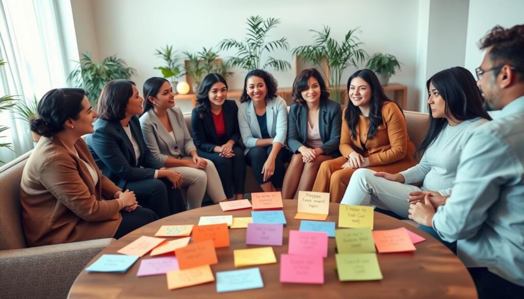 A serene and warmly lit room designed for a support group meeting, featuring a diverse group of individuals seated in a circular arrangement. In the foreground, a table holds a variety of conversation starters on colorful notecards, inviting engagement. The middle showcases people of various ages and ethnicities, dressed in professional business attire or modest casual clothing, expressing thoughtful expressions as they interact. In the background, soft lighting enhances the welcoming atmosphere, with plants and comfortable seating, evoking a sense of community and openness. The overall mood is supportive and harmonious, capturing the essence of mental wellness discussions, with a focus on connection and understanding.