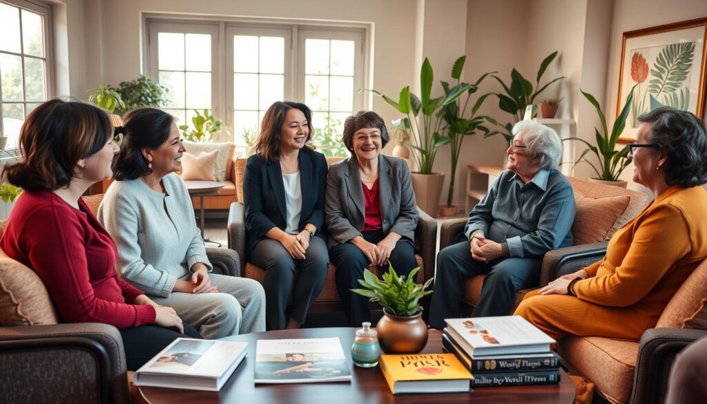 A serene community center interior designed for caregiver respite, featuring a cozy lounge area with comfortable chairs and soft cushions. In the foreground, a diverse group of caregivers—two women and one man—are engaged in a supportive conversation, dressed in professional casual clothing, displaying expressions of relief and camaraderie. In the middle ground, a coffee table is filled with wellness resources including brochures, soothing herbal teas, and mindfulness books. In the background, large windows let in warm, natural light, illuminating plants and artwork that promote relaxation and well-being. The atmosphere is calm and inviting, conveying a sense of peace and support for those who dedicate their lives to caring for others. The composition is shot with a slight soft focus to enhance the comforting mood. A serene community center interior designed for caregiver respite, featuring a cozy lounge area with comfortable chairs and soft cushions. In the foreground, a diverse group of caregivers—two women and one man—are engaged in a supportive conversation, dressed in professional casual clothing, displaying expressions of relief and camaraderie. In the middle ground, a coffee table is filled with wellness resources including brochures, soothing herbal teas, and mindfulness books. In the background, large windows let in warm, natural light, illuminating plants and artwork that promote relaxation and well-being. The atmosphere is calm and inviting, conveying a sense of peace and support for those who dedicate their lives to caring for others. The composition is shot with a slight soft focus to enhance the comforting mood.