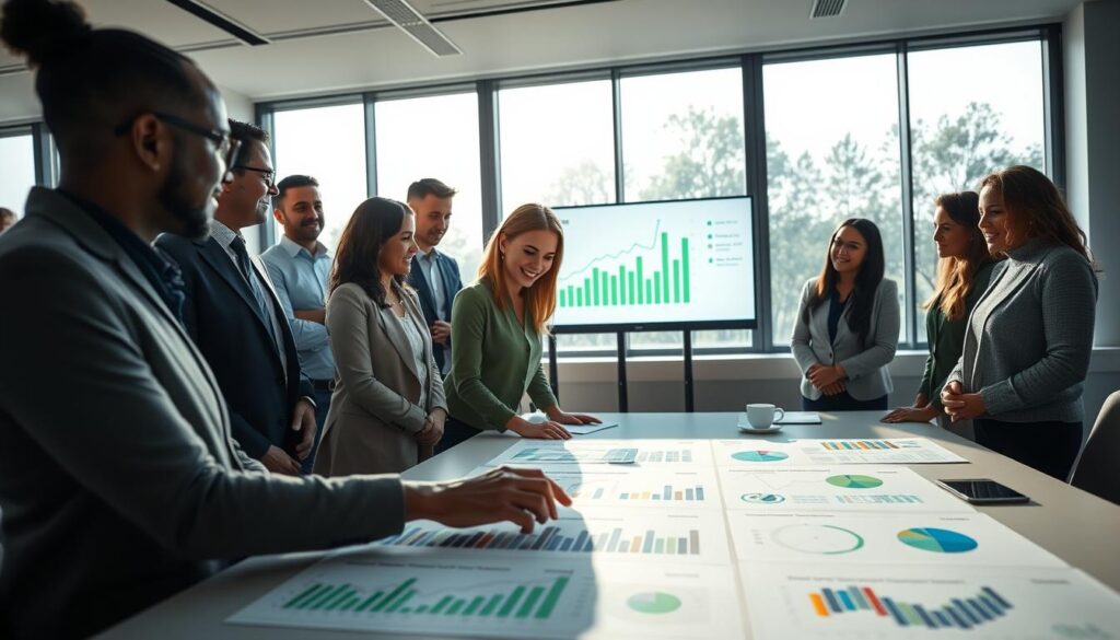 A serene office setting showcasing a diverse group of professionals in smart casual attire gathered around a large table filled with charts and graphs related to wellness program metrics. In the foreground, a focused woman points at a colorful infographic illustrating progress and success in community wellness initiatives. The middle ground features a digital screen displaying data trends, while supportive colleagues engage with interest. In the background, large windows bathe the room in natural light, creating an optimistic atmosphere. Soft shadows enhance depth, and the color palette consists of calming greens and blues to evoke a sense of growth and achievement. The perspective is slightly angled to capture the collaborative spirit of the scene.
