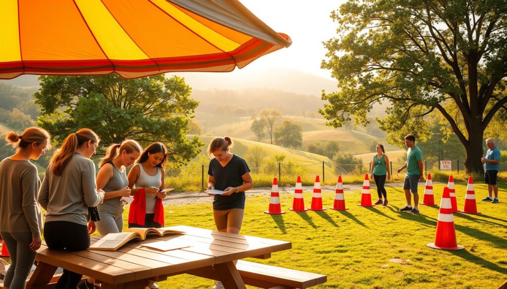 A serene outdoor scene showcasing a wellness event preparation area. In the foreground, a diverse group of participants in modest, casual athletic clothing reviews registration materials on a picnic table under a large, colorful tent. In the middle ground, volunteers set up safety cones and hydration stations, emphasizing organization and care. Behind them, a beautiful natural landscape with green trees and gentle hills, bathed in soft morning light, creates a tranquil atmosphere. The image captures a sense of community and readiness, highlighting the importance of various safety measures in planning outdoor wellness events. Use a warm color palette with golden sunlight filtering through the trees, shot at a wide angle to encompass the event’s environment while keeping a professional, inviting tone.