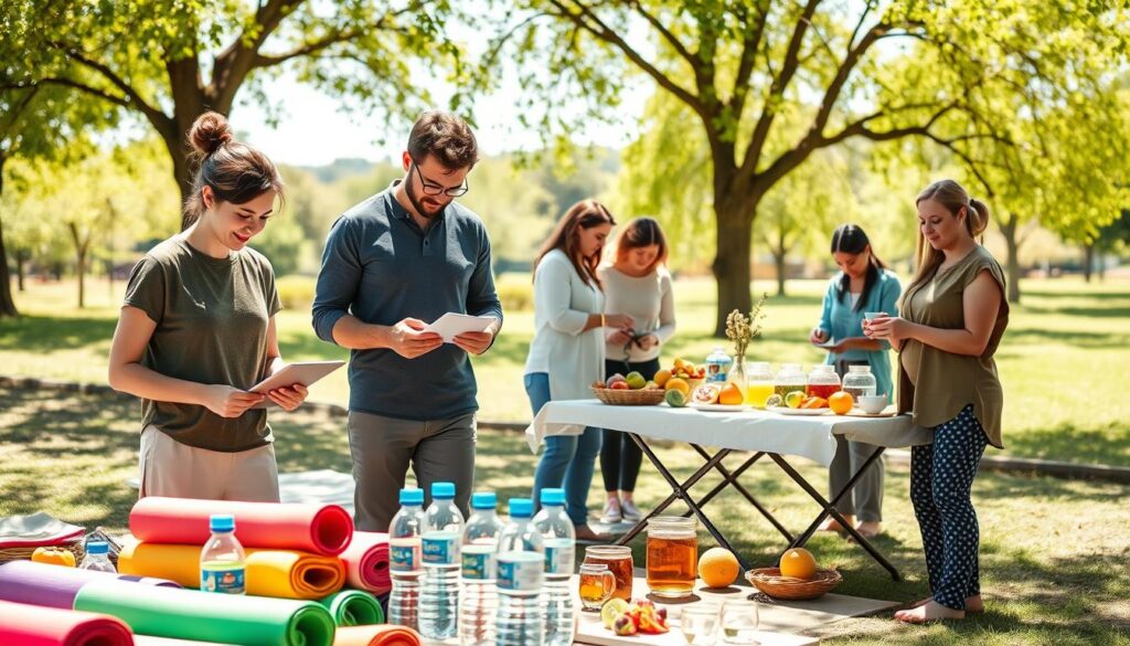 A serene outdoor setting depicting professionals preparing for a wellness event, featuring a diverse group of individuals in modest casual clothing engaged in various tasks. In the foreground, a woman organizes colorful yoga mats and water bottles, while a man checks a list of supplies on a tablet. In the middle ground, a group sets up a refreshment table adorned with fresh fruits and herbal teas, creating an inviting atmosphere. The background showcases sunny trees and a tranquil park landscape, emphasizing nature’s role in the event. Bright, natural lighting bathes the scene, and the composition captures a sense of teamwork and anticipation, perfect for the uplifting theme of outdoor wellness preparation.