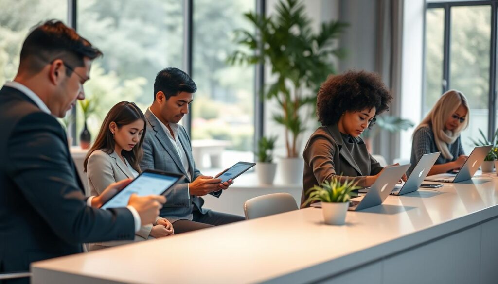 A serene scene depicting a digital registration process for a mindfulness workshop. In the foreground, a diverse group of individuals, dressed in professional business attire and modest casual clothing, are seated at a sleek, modern desk, focused on filling out registration forms on tablets and laptops. The middle ground features soft, calming elements like potted plants and gentle lighting, evoking a sense of tranquility. In the background, a large window reveals a peaceful garden outside, letting in natural light that enhances the mood. The scene is captured with a warm color palette and a shallow depth of field, emphasizing the individuals' focused expressions and the welcoming atmosphere of the registration space. A serene scene depicting a digital registration process for a mindfulness workshop. In the foreground, a diverse group of individuals, dressed in professional business attire and modest casual clothing, are seated at a sleek, modern desk, focused on filling out registration forms on tablets and laptops. The middle ground features soft, calming elements like potted plants and gentle lighting, evoking a sense of tranquility. In the background, a large window reveals a peaceful garden outside, letting in natural light that enhances the mood. The scene is captured with a warm color palette and a shallow depth of field, emphasizing the individuals' focused expressions and the welcoming atmosphere of the registration space.