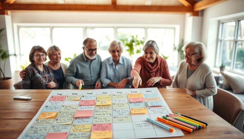 A vibrant age-friendly event calendar displayed on a wooden table, showcasing activities for seniors focused on wellness and community engagement. In the foreground, colorful sticky notes and markers highlight various events such as yoga classes, art workshops, and social gatherings, arranged in an inviting, organized manner. In the middle ground, a diverse group of seniors, dressed in modest casual clothing, are joyfully discussing the calendar while pointing at particular events. The background features a sunlit community center space with plants and comfortable seating, enhancing the atmosphere of warmth and support. The overall lighting is soft and natural, creating an uplifting mood that encourages active aging. The scene is shot with a slight overhead angle to capture all elements, ensuring clarity and focus on the calendar.