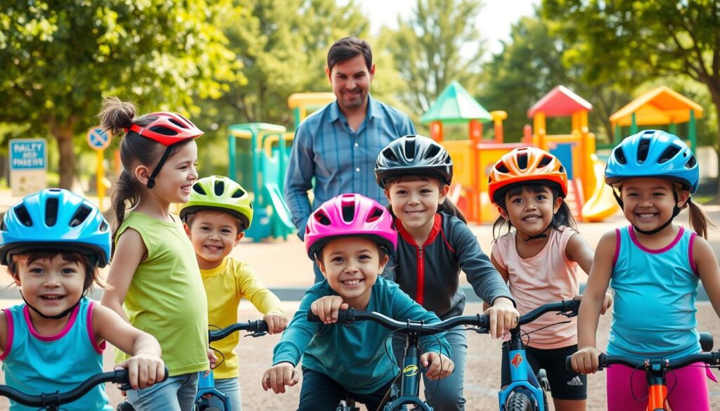 A vibrant and dynamic scene illustrating healthy kids safety protocols in a community playground setting. In the foreground, a diverse group of children (ages 6-12) are engaged in safe play activities, wearing bright athletic clothing, and helmets for cycling. In the middle ground, a vigilant adult supervisor (in professional casual attire) observes and interacts with the children, ensuring inclusivity and safety. The background features colorful playground equipment with clear safety signs and well-maintained play areas surrounded by green trees and a sunny, inviting sky. The lighting is bright and cheerful, creating an uplifting atmosphere that embodies empowerment and well-being. The angle captures the joyful interactions between children and the supervisor, emphasizing a sense of community and safety.