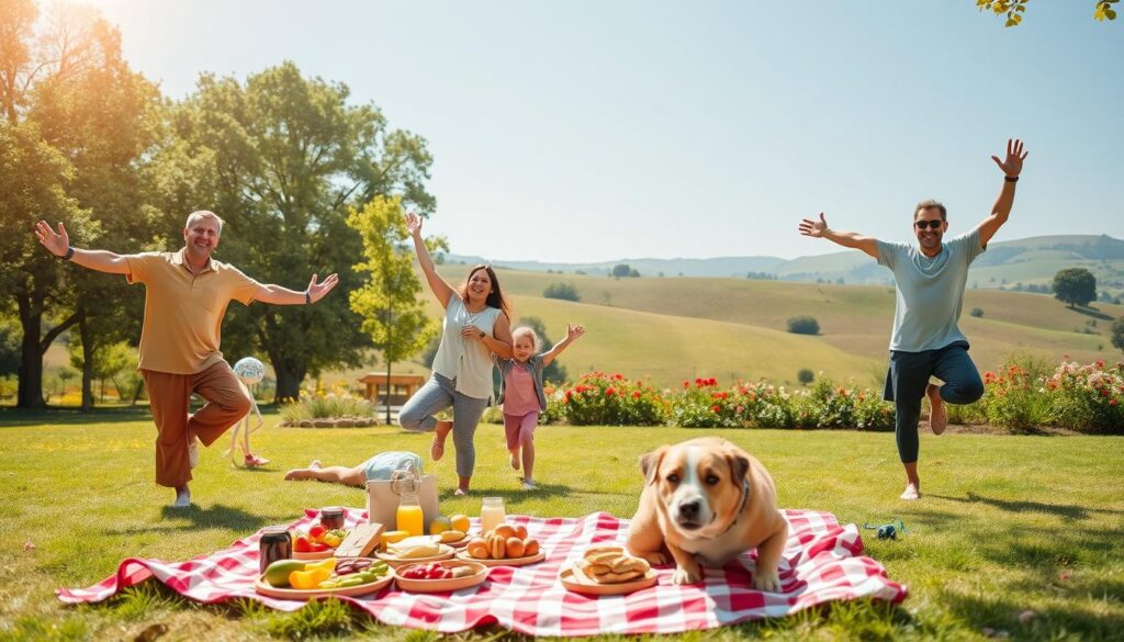 A vibrant and engaging family scene showcasing various wellbeing activities in a bright, sunlit park. In the foreground, a diverse family of four—parents dressed in modest casual clothing and two children—are joyfully practicing yoga together, demonstrating balance and harmony. In the middle ground, a picnic blanket is spread out with healthy snacks such as fruits and sandwiches, while a playful dog runs around, adding a fun element. In the background, lush green trees and colorful flowers create a serene atmosphere, with gently rolling hills in the distance. The lighting is warm and uplifting, capturing the essence of a joyful family moment. Use a wide-angle lens to encompass the diverse activities and the lively environment.