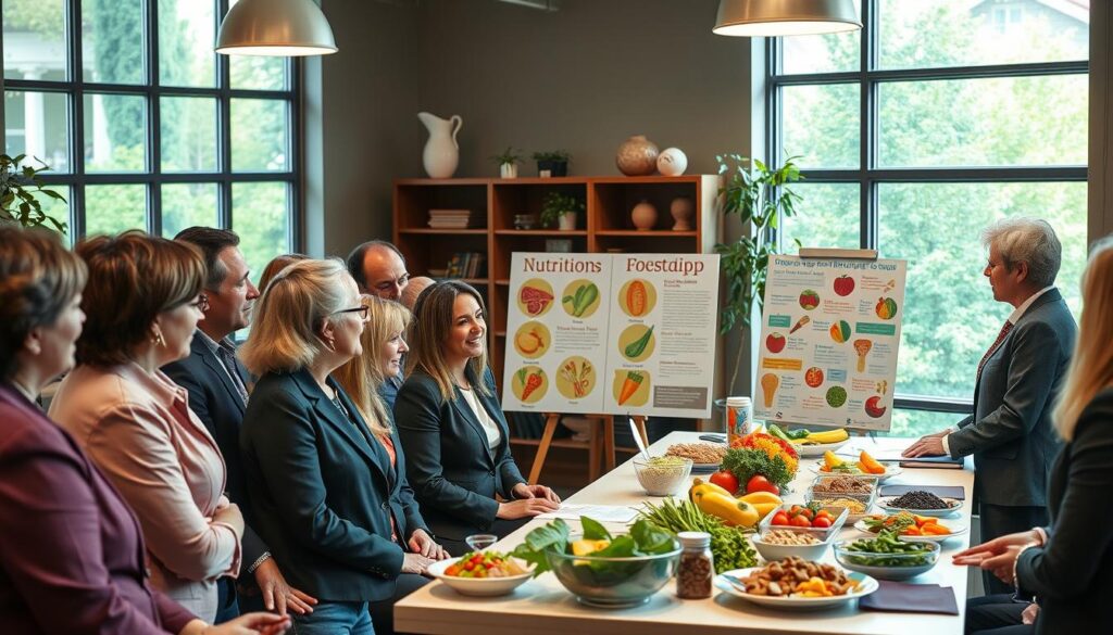 A vibrant and informative scene depicting a nutrition workshop focused on special diets. In the foreground, a diverse group of adults, dressed in professional business attire, attentively listens to an engaging nutritionist presenting at a table filled with healthy food samples. In the middle ground, colorful posters display information about various special diets, such as gluten-free, vegan, and low-sugar meal options. The background features a cozy community center setting with large windows allowing soft, natural light to illuminate the space. The atmosphere conveys a sense of community, learning, and inclusivity, emphasizing the importance of accessibility in nutrition education. The image should capture the participants' interest and camaraderie in a welcoming environment.