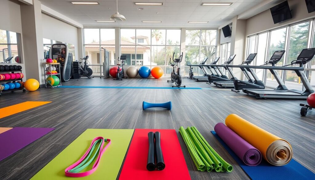 A vibrant and well-organized gym space designed for community fitness, showcasing a variety of accessible exercise equipment. In the foreground, feature an array of colorful yoga mats, resistance bands, and light free weights. The middle ground displays an inviting group exercise area with stability balls and adaptable cardio machines, such as low-impact treadmills and recumbent bikes, all designed for users of all ages and abilities. The background should include large windows allowing natural light to flood the room, creating a bright and welcoming atmosphere. Capture the image from a slightly elevated angle to highlight the spacious layout. The mood should be motivating and inclusive, emphasizing health and community spirit. The setting should be devoid of any text, people, or distractions.
