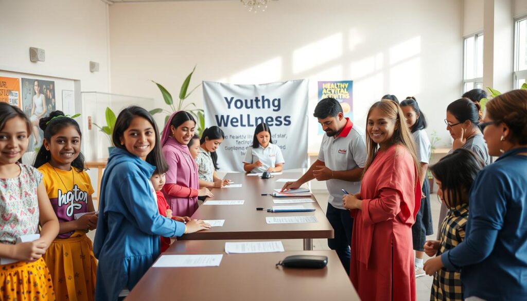 A vibrant community center scene depicting a youth wellness program registration event in progress. In the foreground, a friendly, diverse group of young participants aged 10 to 16, dressed in colorful, modest casual clothing, enthusiastically fill out registration forms at a long table. The middle ground features volunteers wearing matching staff shirts, providing assistance and information, with a promotional banner that subtly emphasizes wellness and healthy habits. The background shows a bright, welcoming space with plants and posters promoting physical activity and mental well-being. Soft, natural lighting streams in through large windows, creating an uplifting atmosphere. Capture the engaging and supportive vibe of community involvement in health and wellness.