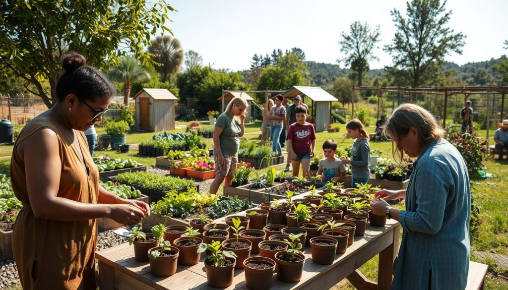 A vibrant community garden during a sunny day, showcasing a diverse group of people engaging in gardening workshops. In the foreground, a small group of adults, dressed in modest casual clothing, is gathered around a wooden table, where they are planting seedlings in biodegradable pots. In the middle area, various garden beds filled with colorful vegetables and flowers are visible, with a few children exploring and learning from a knowledgeable instructor. The background features a lush landscape with trees, trellises, and a small shed, all bathed in warm, natural lighting that conveys a sense of harmony and cooperation. The atmosphere is joyful and productive, capturing the essence of community spirit and wellness through gardening.