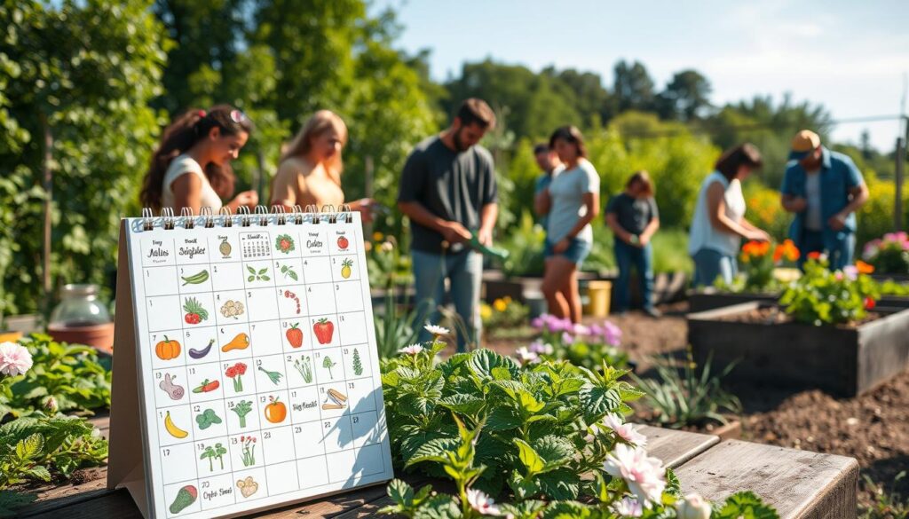 A vibrant community garden scene showcasing an organized garden calendar prominently displayed in the foreground. The calendar, adorned with colorful illustrations of seasonal vegetables, herbs, and flowers, is placed on a rustic wooden table surrounded by thriving plants and flowers. In the middle ground, diverse individuals in modest casual clothing engage in gardening activities, including planting, watering, and harvesting. In the background, lush greenery and a clear blue sky create a serene atmosphere, with sunlight casting warm, inviting shadows across the scene. The overall mood is one of collaboration and wellness, capturing the essence of community and the joy of local gardening. The image should have a soft focus with a slight depth of field to emphasize the calendar while maintaining the enchanting details of the garden.