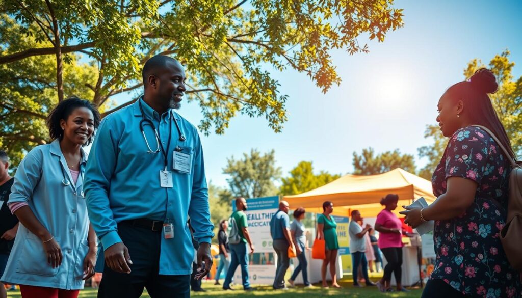 A vibrant community health event scene set in a public park in Virginia, showcasing diverse individuals engaging in free health screenings and vaccination clinics. In the foreground, a group of healthcare professionals in professional attire are interacting with community members, providing information and assistance. The middle ground features brightly colored tents and booths dedicated to health services, with banners displaying health information. The background includes lush greenery of the park and a clear blue sky, bathed in warm sunlight to create an inviting atmosphere. The angle is slightly elevated to capture the activity below, conveying a sense of community engagement and support. The mood is uplifting and positive, reflecting a spirit of health and wellness. A vibrant community health event scene set in a public park in Virginia, showcasing diverse individuals engaging in free health screenings and vaccination clinics. In the foreground, a group of healthcare professionals in professional attire are interacting with community members, providing information and assistance. The middle ground features brightly colored tents and booths dedicated to health services, with banners displaying health information. The background includes lush greenery of the park and a clear blue sky, bathed in warm sunlight to create an inviting atmosphere. The angle is slightly elevated to capture the activity below, conveying a sense of community engagement and support. The mood is uplifting and positive, reflecting a spirit of health and wellness.