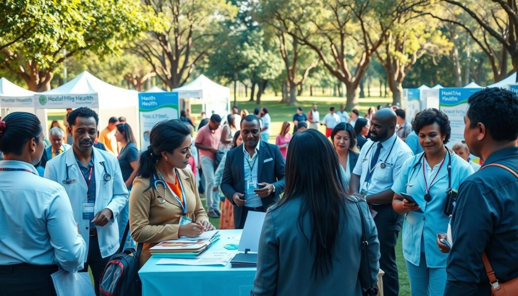 A vibrant community health fair scene depicting a network of health screening partnerships. Foreground: a diverse group of professionals in business attire, actively engaging with community members, providing health information and guidance. Middle ground: booths decorated with banners showcasing various local health providers, offering free screenings and vaccination information. Background: a sunny park setting with trees and families participating in health activities, creating a welcoming atmosphere. Soft, diffused lighting enhances the friendly, collaborative mood. Use a wide-angle lens to capture both the detailed interactions and the sprawling community gathering, emphasizing unity and support in health awareness. A vibrant community health fair scene depicting a network of health screening partnerships. Foreground: a diverse group of professionals in business attire, actively engaging with community members, providing health information and guidance. Middle ground: booths decorated with banners showcasing various local health providers, offering free screenings and vaccination information. Background: a sunny park setting with trees and families participating in health activities, creating a welcoming atmosphere. Soft, diffused lighting enhances the friendly, collaborative mood. Use a wide-angle lens to capture both the detailed interactions and the sprawling community gathering, emphasizing unity and support in health awareness.