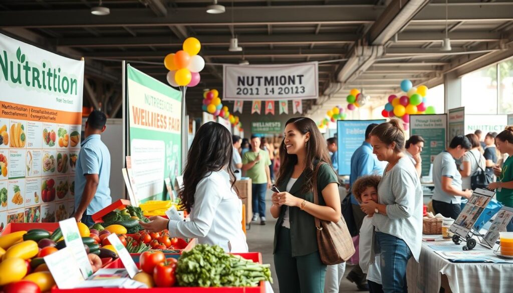 A vibrant community wellness fair scene featuring diverse exhibitor booths focused on nutrition, exercise, counseling, and safety. In the foreground, a colorful booth showcases fresh fruits and vegetables, with a health coach in professional attire engaging with families. The middle ground includes booths displaying fitness equipment, wellness pamphlets, and safety demonstrations, with friendly professionals assisting attendees. The background features a lively atmosphere with banners and balloons fluttering, under a bright, sunny sky, suggesting an outdoor event. Soft, diffused lighting enhances the cheerful mood. The angle is a wide shot, capturing the bustling energy of the fair, creating an inviting, community-oriented vibe perfect for families.