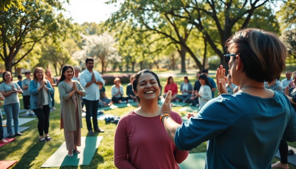 A vibrant community wellness program in action, featuring a diverse group of people engaged in various wellness activities. In the foreground, a friendly instructor demonstrates yoga poses, surrounded by participants in comfortable yet professional attire. The middle ground showcases a circular arrangement of people participating in a mindful meditation session, with green mats spread across a lush park. The background reveals a sunny, serene environment with trees and blooming flowers, evoking a sense of tranquility. Soft, natural lighting filters through the leaves, creating a warm and inviting atmosphere. Capture this scene with a wide-angle lens to emphasize inclusivity and community spirit, while maintaining a focus on joyful expressions and interactions among the participants.