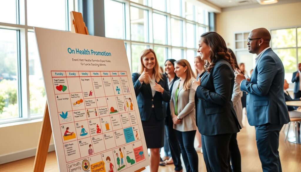 A vibrant health promotion event calendar, prominently displayed on a large, easel-like display board. In the foreground, colorful paper designs and illustrations depicting various community health activities such as yoga classes, nutrition workshops, and wellness seminars. The middle ground features diverse individuals, dressed in professional business attire, engaged in conversation and pointing at the calendar, showcasing an atmosphere of collaboration and enthusiasm. In the background, a bright community center with large windows, allowing natural light to fill the space, accentuating the warmth and inviting nature of the event. The scene conveys a lively and supportive mood, encouraging community participation in health promotion programs. The image is captured from a slightly elevated angle, emphasizing the calendar and the engaged participants. A vibrant health promotion event calendar, prominently displayed on a large, easel-like display board. In the foreground, colorful paper designs and illustrations depicting various community health activities such as yoga classes, nutrition workshops, and wellness seminars. The middle ground features diverse individuals, dressed in professional business attire, engaged in conversation and pointing at the calendar, showcasing an atmosphere of collaboration and enthusiasm. In the background, a bright community center with large windows, allowing natural light to fill the space, accentuating the warmth and inviting nature of the event. The scene conveys a lively and supportive mood, encouraging community participation in health promotion programs. The image is captured from a slightly elevated angle, emphasizing the calendar and the engaged participants.